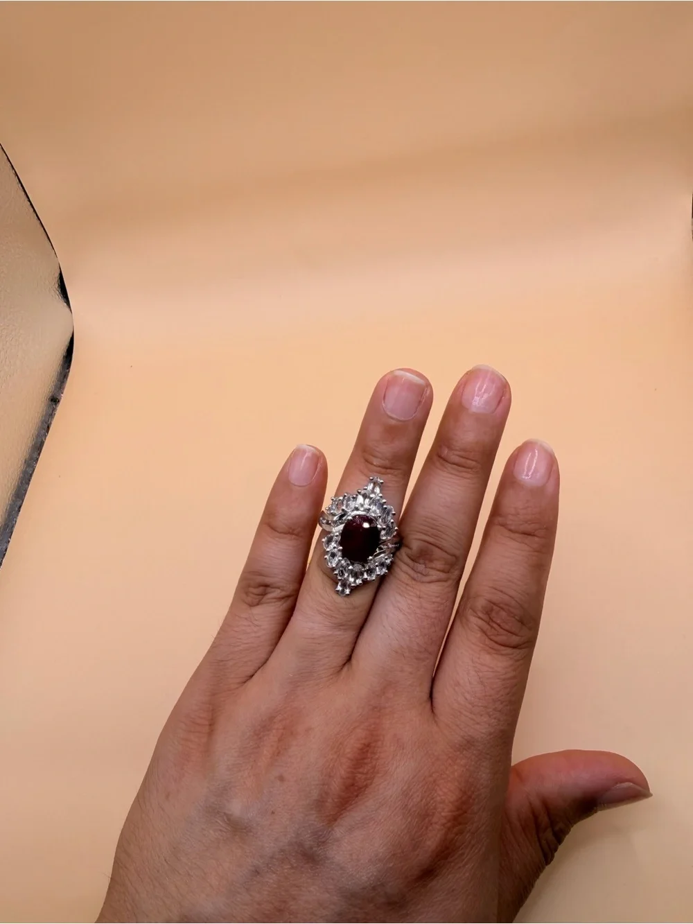 925 Sterling Silver White Topaz & Niassa Ruby Ring Size 6.25.